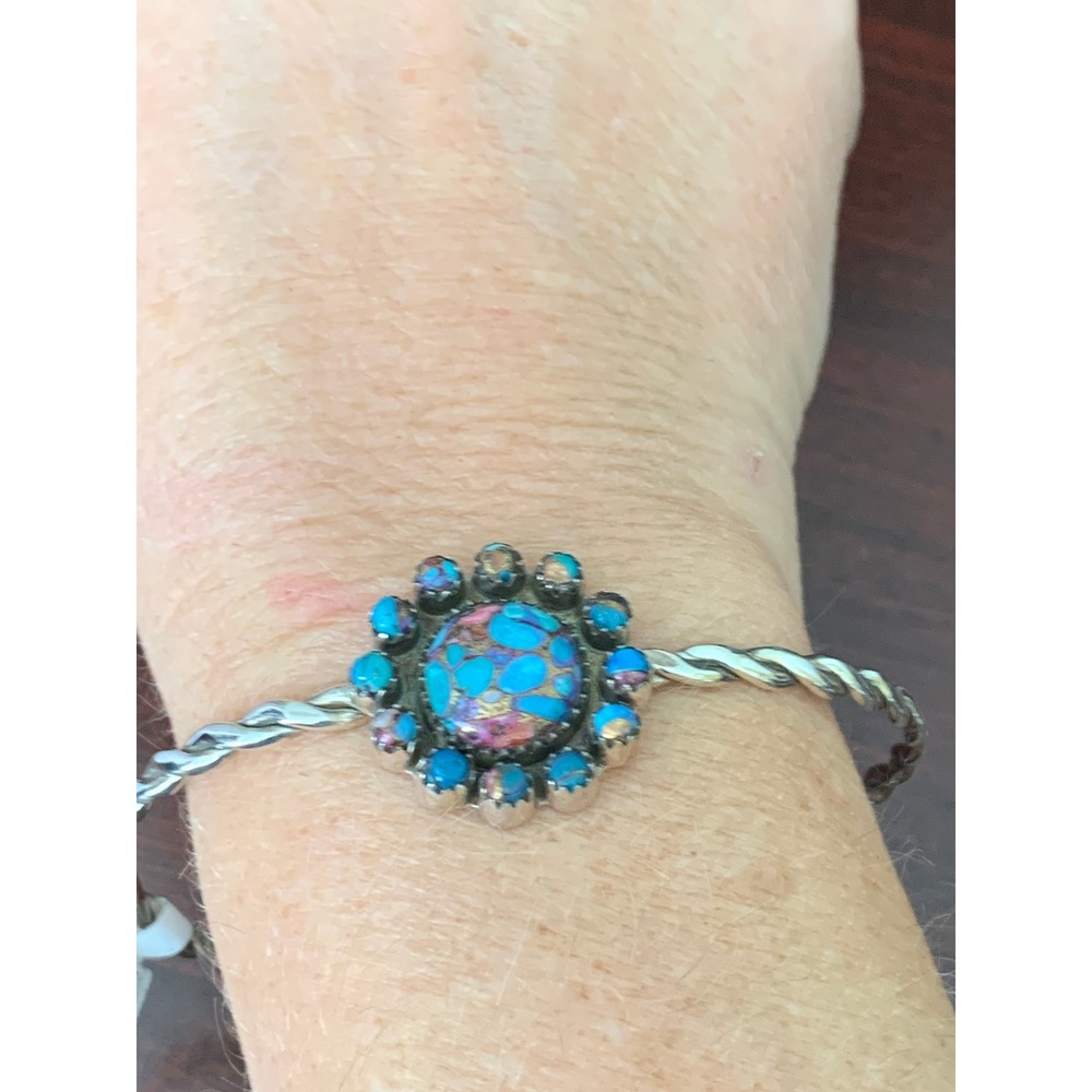 925 Sterling Silver Pink Dahlia Turquoise Cluster Rope Twisted Cuff Bracelet